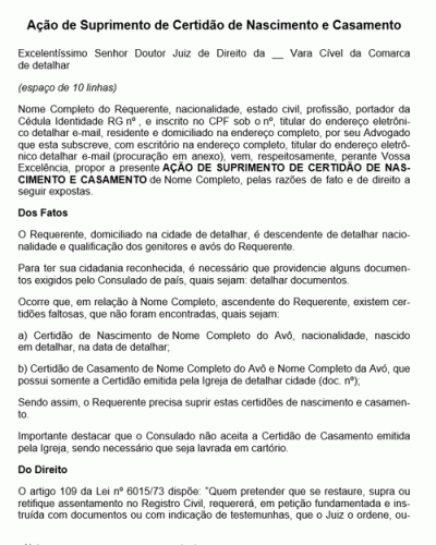 Modelo de Termo de Ação de Suprimento de Certidão de Nascimento e Casamento