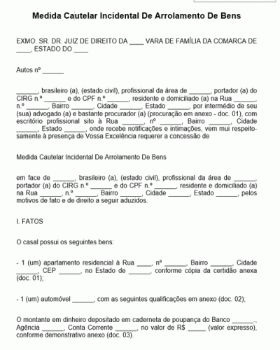 Modelo de Termo de Medida Cautelar Incidental De Arrolamento De Bens