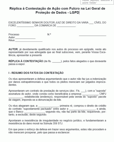 Modelo de Termo de Réplica à Contestação de Ação com Fulcro na Lei Geral de Proteção de Dados - LGPD