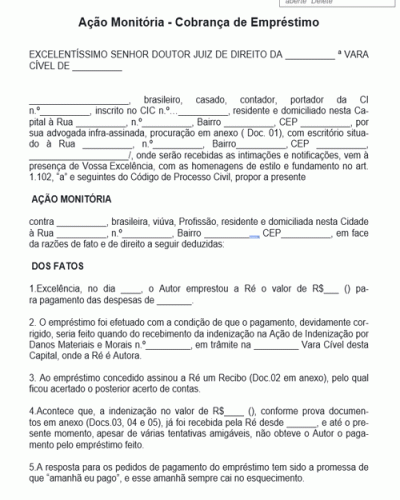 Modelo de Termo de Ação Monitória - Cobrança de Empréstimo