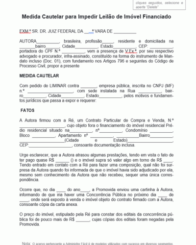 Modelo de Termo de Medida Cautelar para Impedir Leilão de Imóvel Financiado