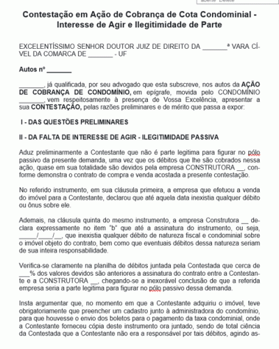 Modelo de Termo de Contestação em Ação de Cobrança de Cota Condominial - Interesse de Agir e Ilegitimidade de Parte