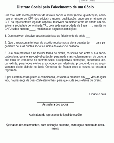 Modelo de Termo de Distrato Social pelo Falecimento de um Sócio