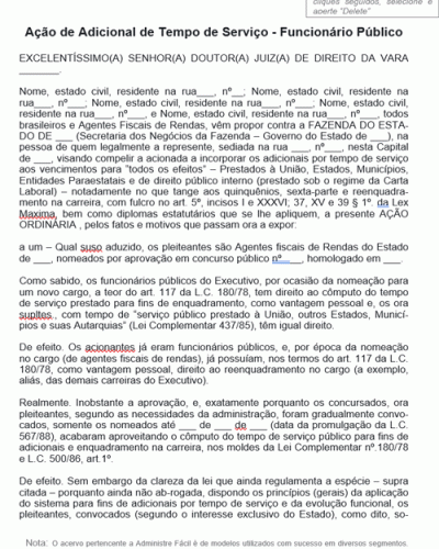 Modelo de Termo de Ação de Adicional de Tempo de Serviço - Funcionário Público