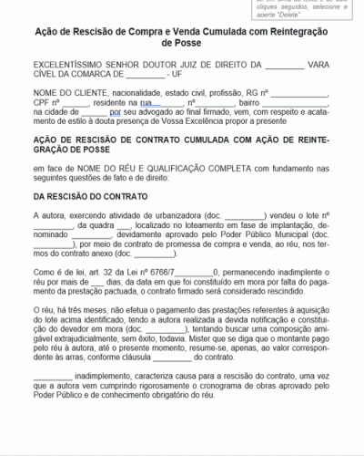 Modelo de Termo Ação de Rescisão de Compra e Venda Cumulada com Reintegração de Posse