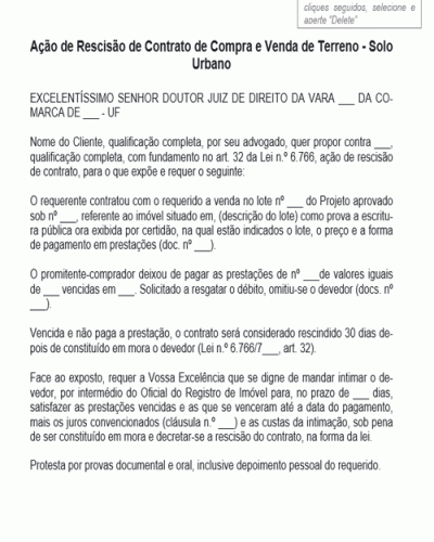 Modelo de Termo Ação de Rescisão de Contrato de Compra e Venda de Terreno - Solo Urbano