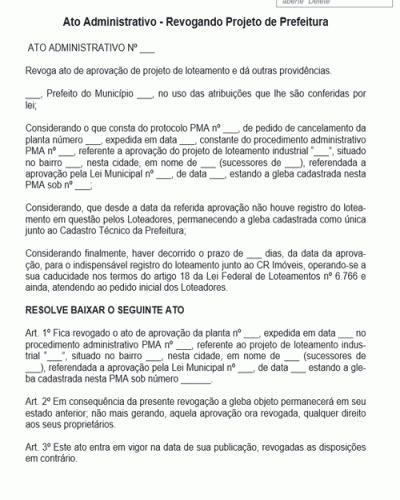 Modelo de Termo Ato Administrativo - Revogando Projeto de Prefeitura