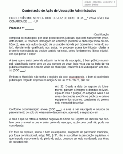 Modelo de Termo Contestação de Ação de Usucapião Administrativo