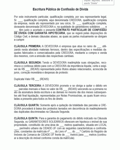 Modelo de Termo Escritura Pública de Confissão de Dívida