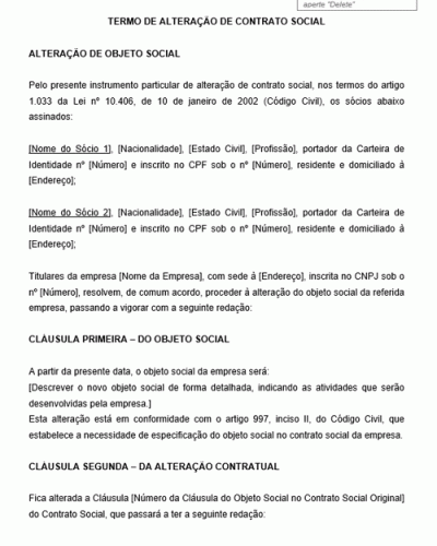 Modelo de Termo Alteração de Contrato Social - Alteração de Objeto Social