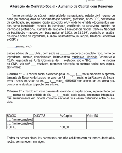 Modelo de Termo Alteração de Contrato Social - Aumento de Capital com Reservas