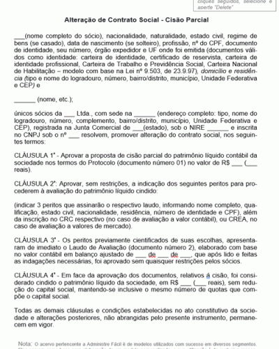 Modelo de Termo Alteração de Contrato Social - Cisão Parcial