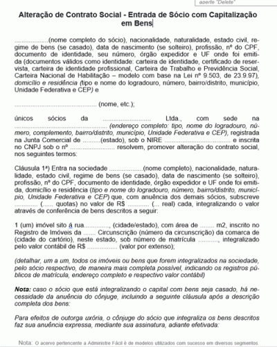 Modelo de Termo Alteração de Contrato Social - Entrada de Sócio com Capitalização em Bens