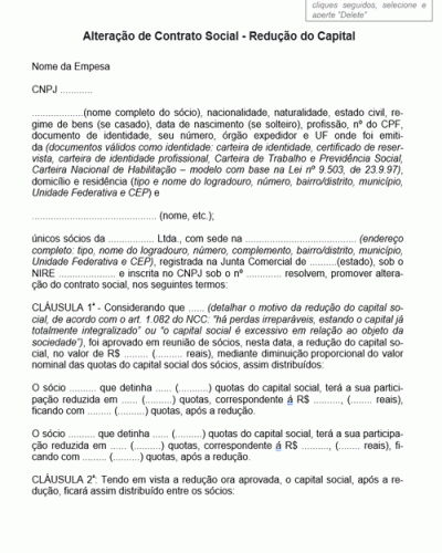 Modelo de Termo Alteração de Contrato Social - Redução do Capital