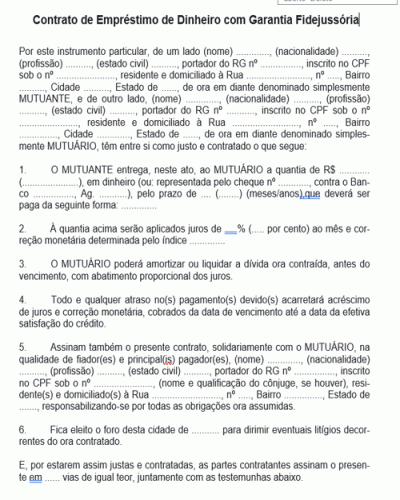 Modelo de Termo Contrato de Empréstimo de Dinheiro com Garantia Fidejussória