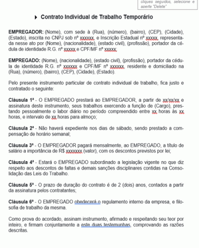 Modelo de Termo Contrato Individual de Trabalho Temporário