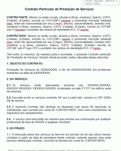 Modelo de Termo Contrato Particular de Prestação de Serviços