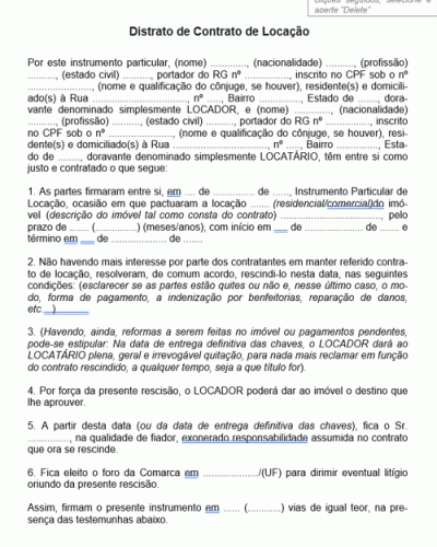 Modelo de Termo Distrato de Contrato de Locação