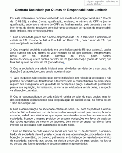 Modelo de Termo Contrato Sociedade por Quotas de Responsabilidade Limitada