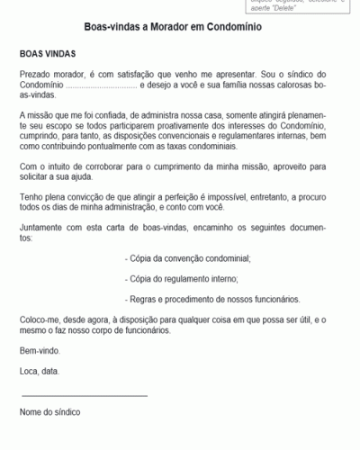 Modelo de Termo Boas-vindas a Morador em Condomínio