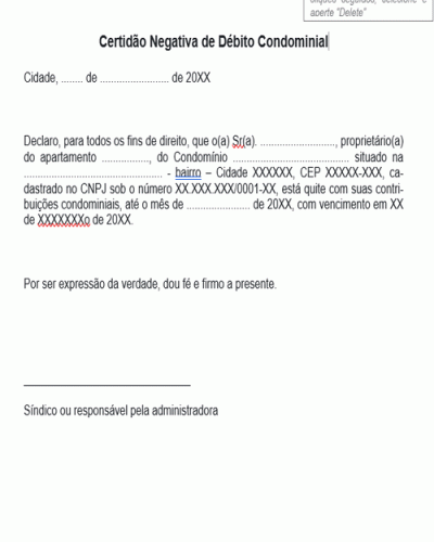 Modelo de Termo Certidão Negativa de Débito Condominial