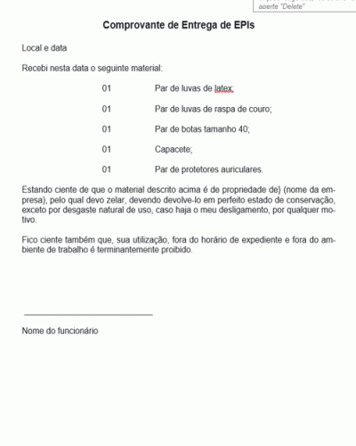 Modelo de Termo Comprovante de Entrega de EPIs