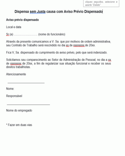 Modelo de Termo Dispensa sem Justa causa com Aviso Prévio Dispensado