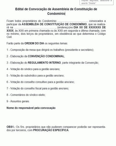 Modelo de Termo Edital de Convocação de Assembleia de Constituição de Condomínio