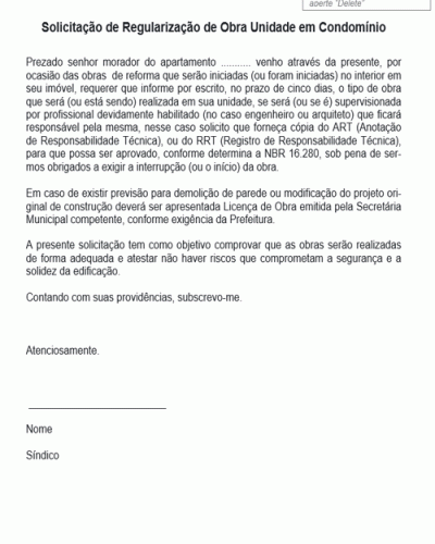 Modelo de Termo Solicitação de Regularização de Obra Unidade em Condomínio