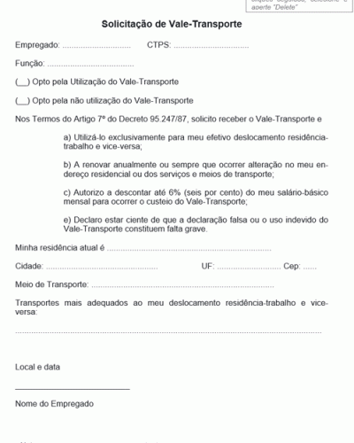 Modelo de Termo Solicitação de Vale-Transporte