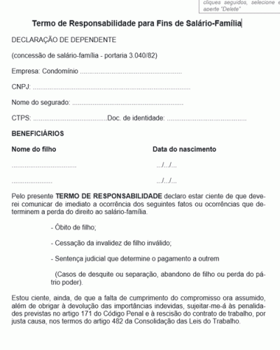 Modelo de Termo Responsabilidade para Fins de Salário-Família 