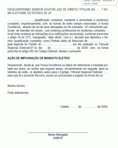 Modelo Petição de Impugnação de Mandato Eletivo Abuso de Poder Econômico
