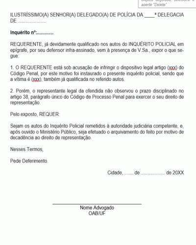 Modelo de Petição Inquérito Policial Arquivamento por Decadência