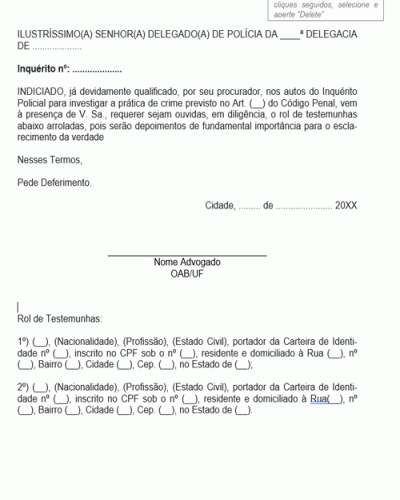 Modelo de Petição Inquérito Policial Pedido de Oitiva de Testemunhas