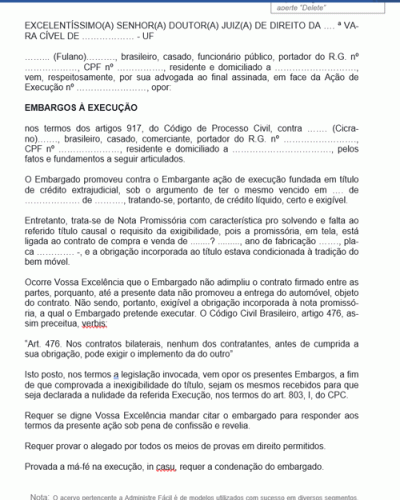 Modelo de Petição Embargos à Execução de Nota Promissória