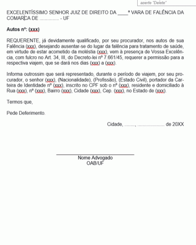 Modelo de Petição Pedido de Falido para Retirar-se do Local da Falência Moléstia