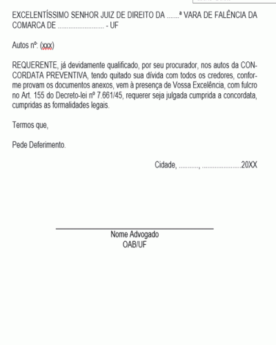 Modelo de Petição Pedido para Julgar Cumprida a Concordata