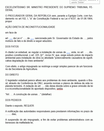 Modelo de Petição de Inconstitucionalidade de Lei Estadual em Face da Constituição Federal