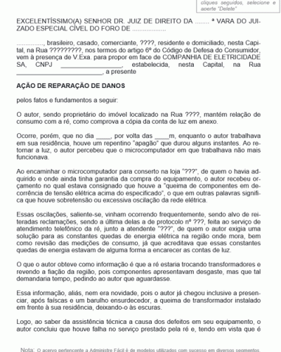 Modelo de Petição Ação de Reparação de Danos Companhia de Energia