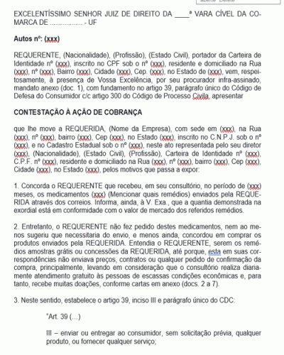 Modelo de Petição Contestação à Ação de Cobrança Produto não Solicitado