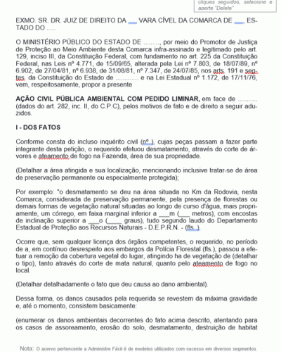 Modelo de Petição Ação Civil Pública Ambiental desmatamento de Área de Preservação Permanente