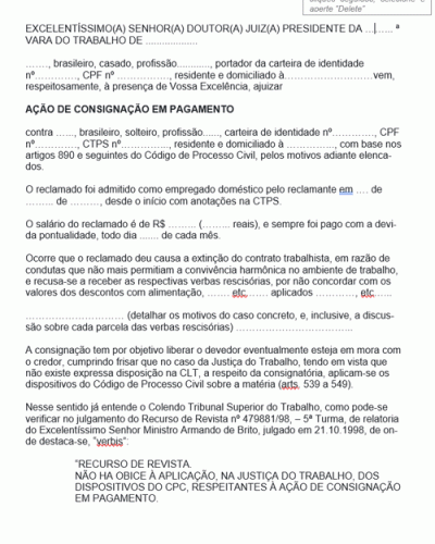 Modelo de Petição Ação de Consignação Recusa em Aceitar Verbas Trabalhistas