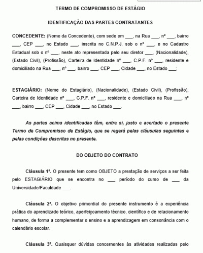 Modelo de Termo de Compromisso de Estágio - Estudante - Contrato de Estágio