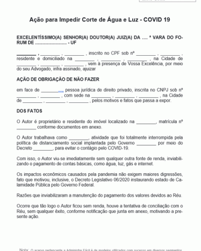 Modelo de Termo de Ação para Impedir Corte de Água e Luz - COVID 19