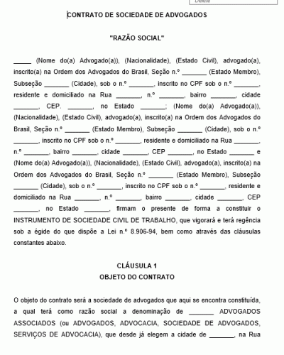 Modelo de Contrato de Sociedade de Advogados - Sociedade advocatícia