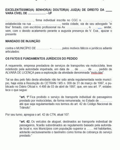 Modelo de Termo de Mandado de Segurança - Indeferimento de Alvará de Licença