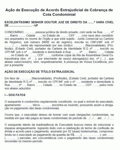 Modelo de Termo de Ação de Execução de Acordo Extrajudicial de Cobrança de Cota Condominial