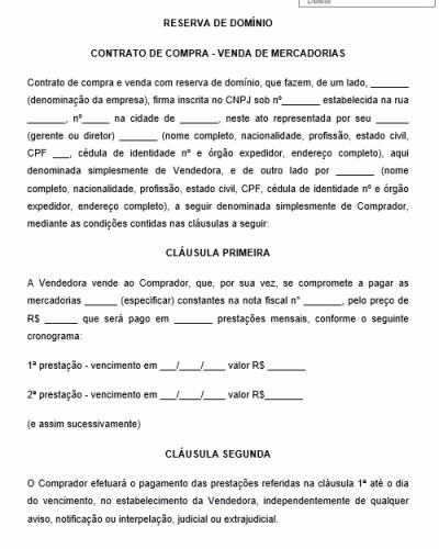 Modelo de Contrato de Compra e Venda com Reserva de Domínio - Venda de Mercadorias