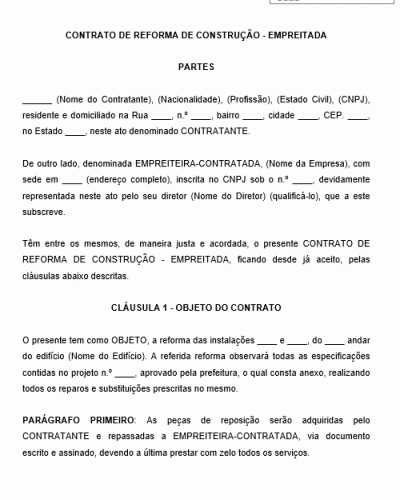 Modelo de Contrato de Reforma de Construção - Empreitada - Reforma das Instalações - Edifício