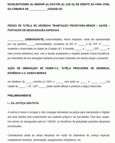 Modelo de Ação de Obrigação de fazer cc Tutela Provisória de urgência evidência cc Danos Morais